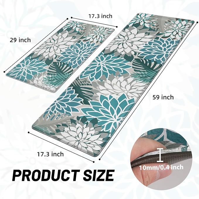 Arenarug Kitchen Mats for Floor 2PCS Cushioned Anti Fatigue Kitchen Mats Waterproof Non Slip Kitchen Mat Rug Set Comfort Foam Standing Mat for Sink, Laundry, Office,17.3" x 28" + 17.3" x 59", Teal