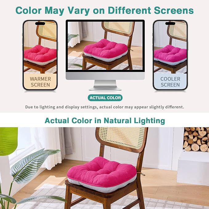 BETU Chair Cushions for Dining Chairs Set of 6,3.5" Thick Kitchen Table Chair Pads with Ties,Non Slip Backing and Covers, Seat Cushion for Dining Room,Bar,Patio Chairs,15.5"X15.5"X3.5",Hot Pink