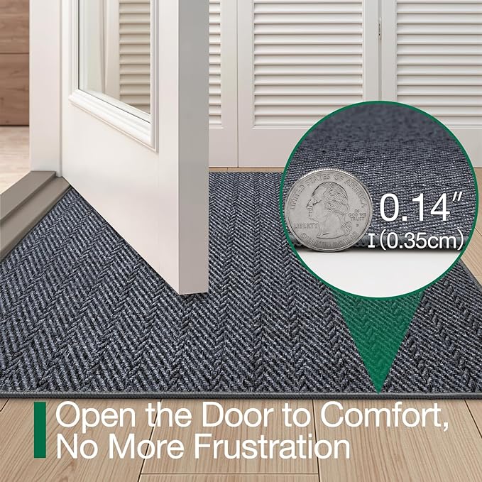 LUMI Ultra Thin Indoor Door Mat for Entrance 48"x72", Non Slip Entryway Mat, Low Profile Doormat, Unique Herringbone Design Carpet for Inside, Patio, Porch, Navy Gray