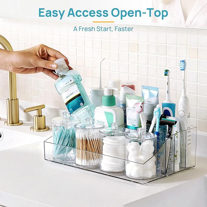 Vtopmart 5 PCS Bathroom Countertop Organizer, 1 Divided Tray with 4 Qtip Holder Jars, Restroom Clear Organizers for Toothbrush, Cotton Pads Balls, Floss, Bathroom Vanity Accessories Storage Set