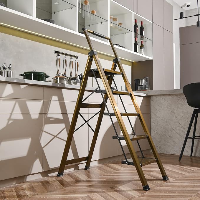 XinSunho 5 Step Ladder, Aluminum 5 Step Stool with Retractable Handrail and Anti-Slip Wide Pedal, Folding Stool Ladders 5 Steps, 330lbs Safety Household Slim Ladder