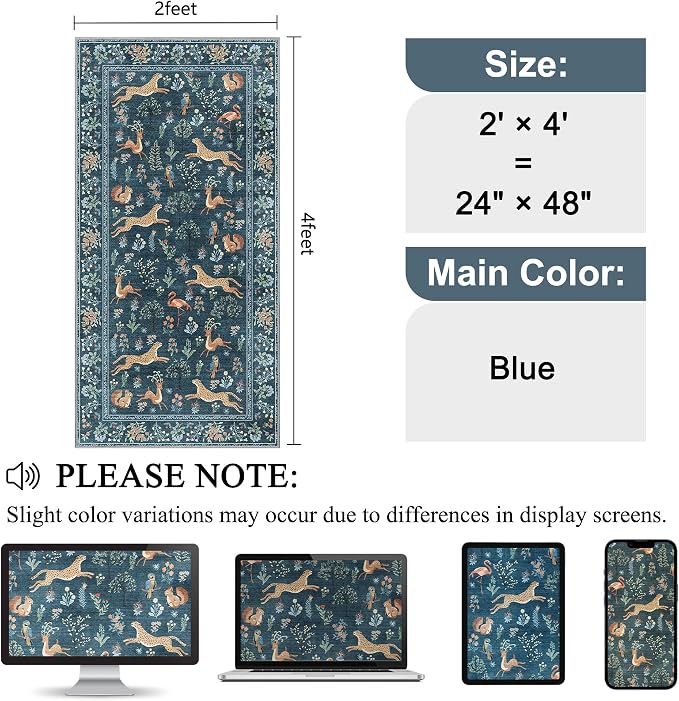 DUKINO 2x4 Rug for Hallway, Washable Kitchen Runner Rug with Non Slip Backing, Soft Low Pile Vintage Animal Runner for Bedroom, Kitchen, Hallway, Entryway, Laundry, Blue