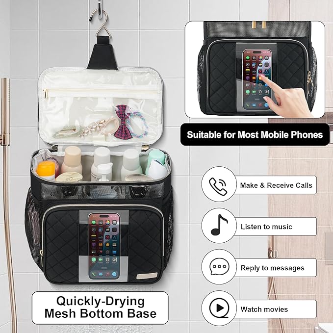 Large Toiletry Bag for Women Men, Portable Shower Caddy College Dorm Essentials, 2 Layers Quickly Dry Mesh Bathroom Tote Bag, Hanging Makeup Organizer Bag for Travel, Gym, Camping (Black)