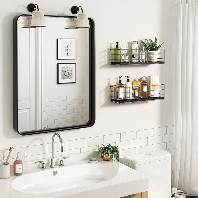 Fixwal 4 Set Floating Shelves - Hanging Wall Mounted Shelves for Living Room, Kitchen, Bedroom & Bathroom - Decorative Storage (Black)