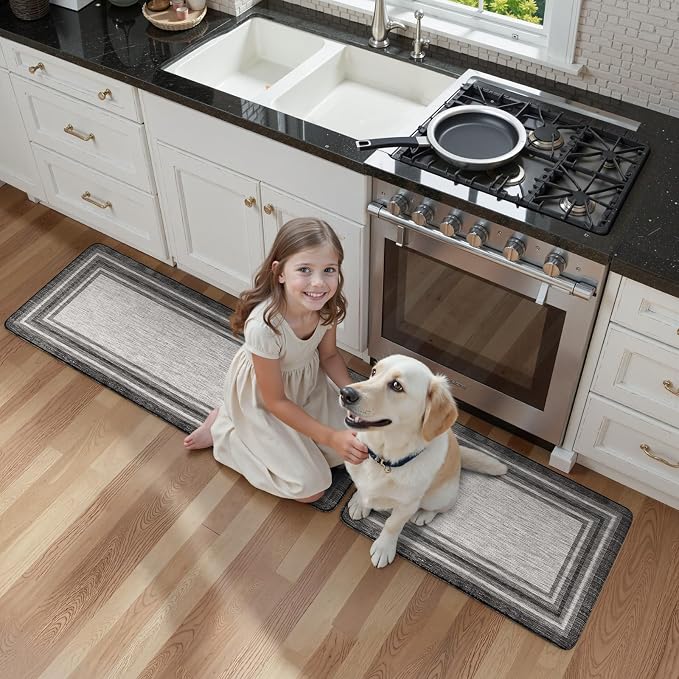 KIMODE Anti Fatigue Kitchen Mats for Floor 2 Piece,17"x47"+17"x29" Farmhouse Kitchen Rugs Non Slip Rubber Backing,Waterproof Cushioned Standing Mat for Home Decor,Office,Laundry Room,Sink,Desk,Grey