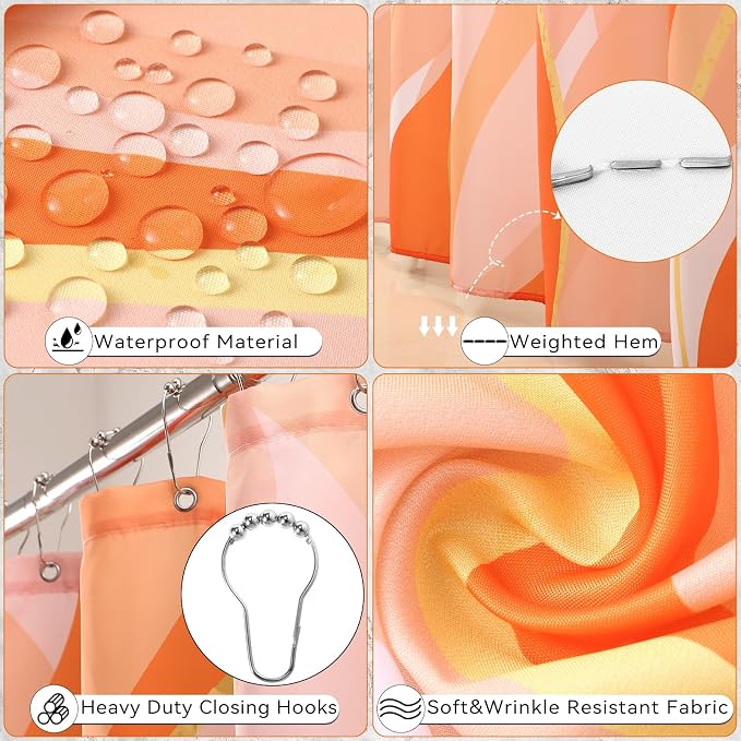 XLHOMO Bathroom Set - Orange and Gold Bathroom Accessories, Bathroom Sets with Shower Curtain and Rugs, Orange Shower Curtain Set with Bathroom Trash Can, Soap Dispenser, Soap Dish for Home Decor