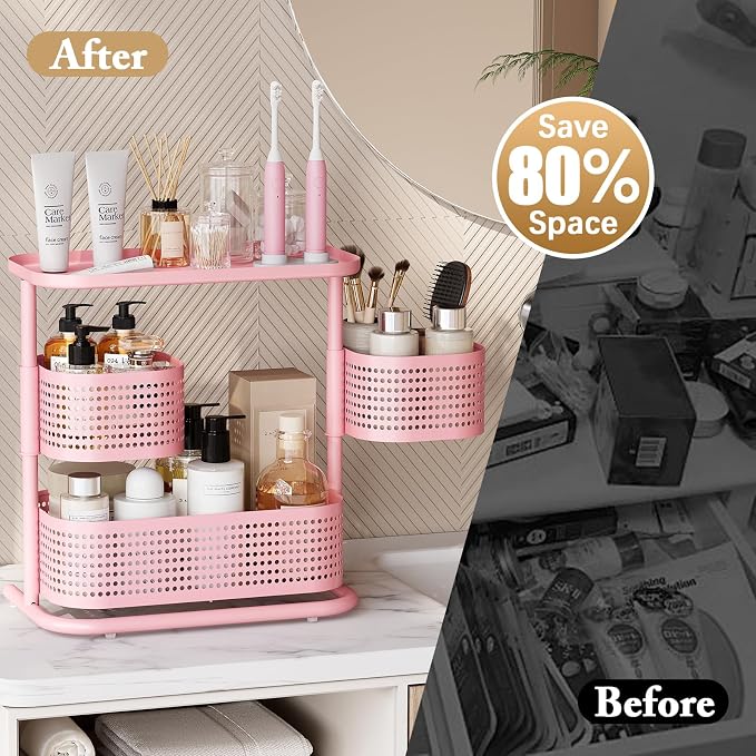 KINGRACK 3 Tier Pink Bathroom Counter Organizer, Rotating Makeup Organizer for Vanity, Perfume & Skincare Standing Shelf, Vanity Tray for Bathroom Countertop Storage, Pink