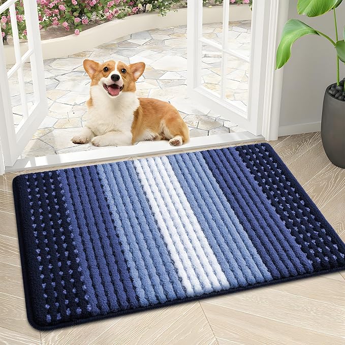 Kitinjoy Indoor Outdoor Door Mat, 30x17 Non-Slip Absorbent Dirt Trapper, Low-Profile Washable Inside Entrance Front Floor Mat, Sturdy Soft Entry Dotted Ombre Doormats for Entryway, Navy Blue