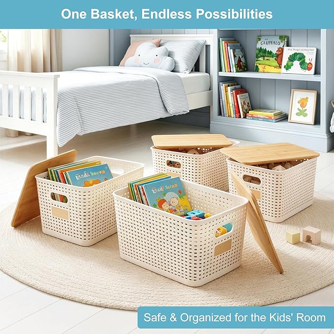 Bagnizer 2 Pack Tall Plastic Storage Bins with Bamboo Lids, 10.8qt Stackable Storages Baskets for Organizing Desktop Closet Playroom Classroom Office, 12"L x 8.3"W x 6.1"H, Cream White