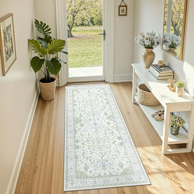 RELEANY Area Rugs Runner 2'x5' Washable Non-Slip, Floral Vintage Distress Medallion Carpet for Kitchen Hallway Bedroom Beside Laundry Room Bathroom, Green White Blue