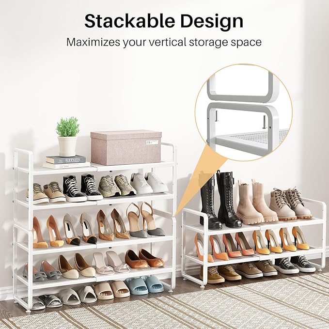 SNTD Shoe Rack - Expandable Shoe Organizer for Closet, Adjustable Metal Shoe Shelf Storage, Stackable Long Shoe Stand Holder for Garage, Entryway, Door Entrance (White, 2-Tier)