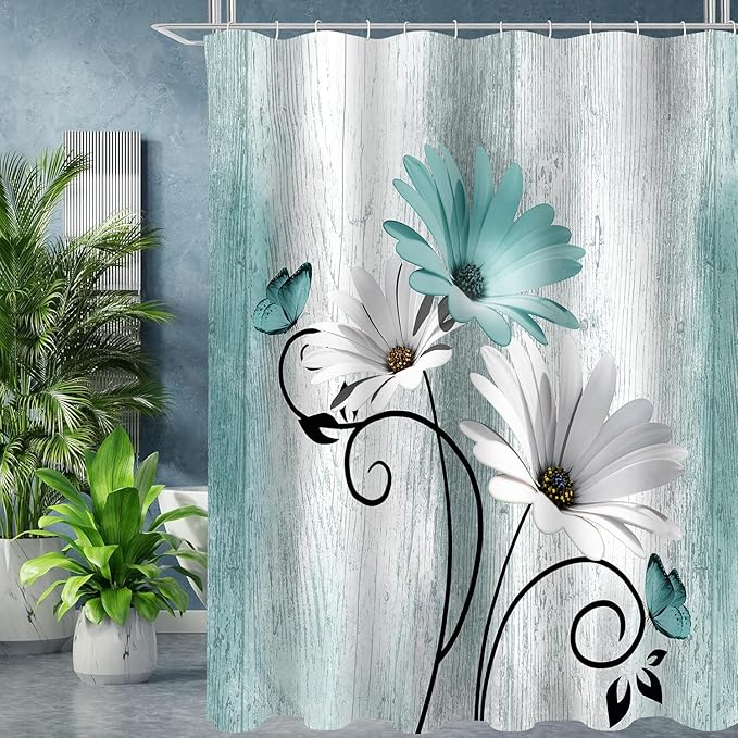 Onalasyc 4PCS Teal Daisy Country Farmhouse Shower Curtain Set with Shower Curtain and Carpet and Accessories, Waterproof Bathroom Shower Curtain Decorative Set with 12 pcs Hooks,71 x 71in