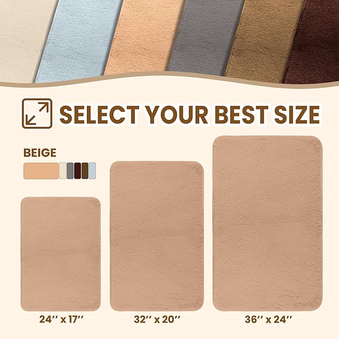TECHMILLY Fluffy Bathroom Rug Mat 24x17, Absorbent Thick Non Slip Microfiber Mats, Quick Dry Machine Washable Bath Rug for Bathroom Floor, Bathtub and Shower, Beige