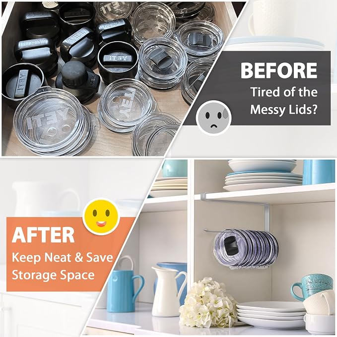 Tumbler Lid Organizer, Horizontal Tumbler Lid Storage Hook Up to 10 Lids, Space Saving Cup Lid Holders Under Cabinet Tumbler Lid Hook for Kitchen Organizer and Storage, Paper Towel Rack Hanger (Gray)