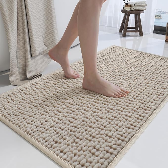 20x32 Extra Soft Chenille Bathroom Rugs - Non Slip Quick Dry Absorbent & Washable Bath Mat, Thin Low Profile Fit Under Door, Shower Mat for Outside Shower - Brown