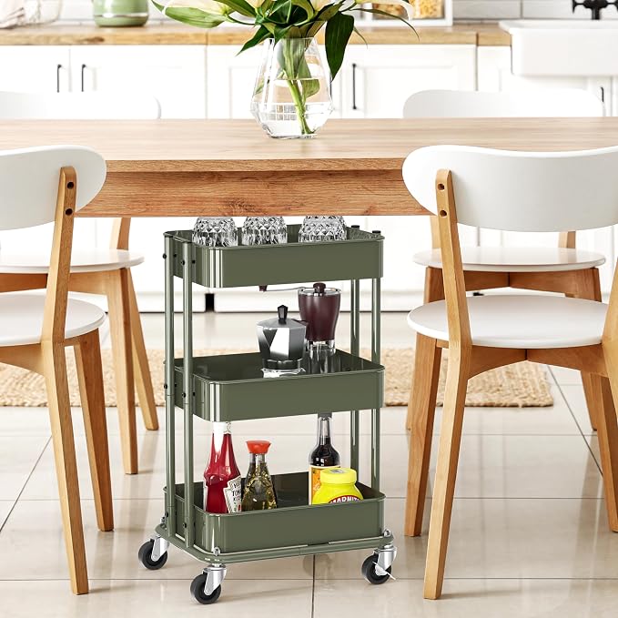Simple Houseware 3-Tier Compact Utility Rolling Cart, Low 24” Height Fits Under Desk, Space-Saving Storage for Home Office, Dining Room, or Kitchen, Army Green