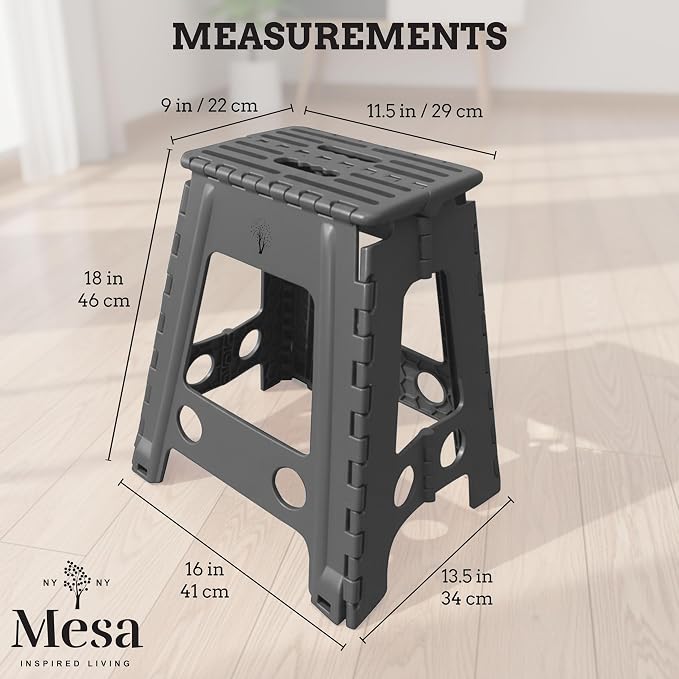 Inspired Living 18" Step Stool, Folding Step Stools for Adults, Plastic Foldable Step Stools Kids, Holds Up to 330 lbs, Collapsible Folding Stool for Kitchen, Bathroom, Bedroom (Grey Black, 18" High)