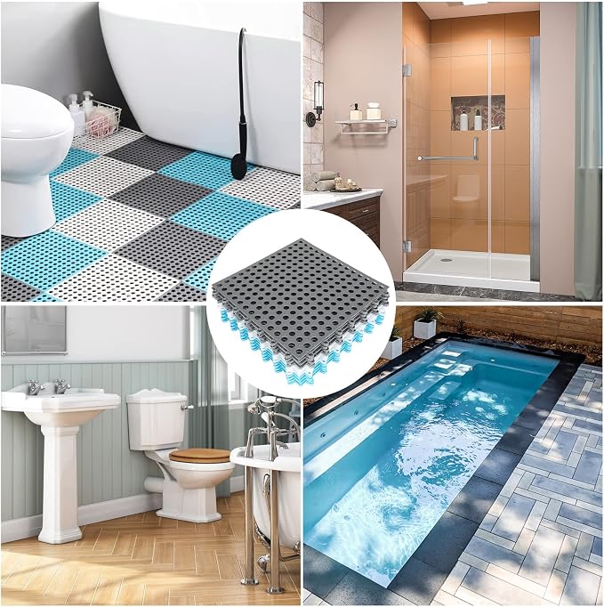 12 Pack 11.8" x 11.8" Interlocking Rubber Floor Tiles Soft PVC Non Slip Splicing Shower Floor Mat Pool Bathtub Drain Tiles for Flooring, Drainage Mats for Pool, Deck, Patio, Basement, Kennel, Poultry