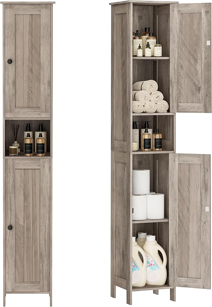 Homleke Tall Bathroom Storage Cabinet with 2 Doors, 67"H Narrow Storage Cabinet with Adjustable Shelves& Anti-Tip Design, Reversible Door Installation, Easy Assembly, 11.8 x 11.8 x 66.9 Inches, Greige