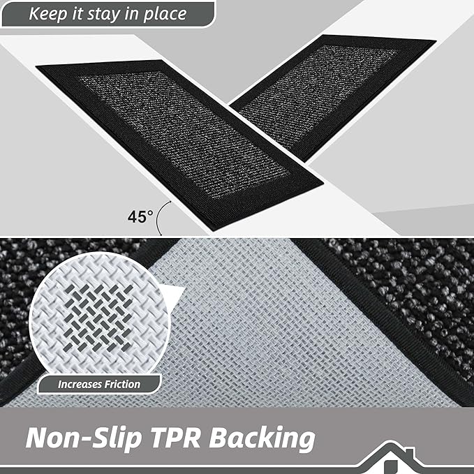 BEQHAUSE Kitchen Rugs and Mats Set of 2 Non-Slip Kitchen Mats for Floor, Absorbent and Stain Resistant Kitchen Runner, Machine Washable Rugs for Kitchen, Laundry & Sink, 24"x36"+24"x60", Black