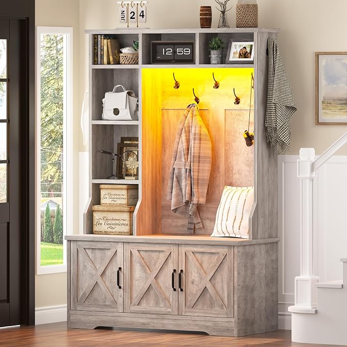 CSZZD Hall Tree with Bench and Shoe Storage, Farmhouse Entryway Bench with Coat Racks and Led Lights, Tall Hall Tree with 7 Coat Hooks, 6 Storage Cubbies, Adjustable Shelf, Gray