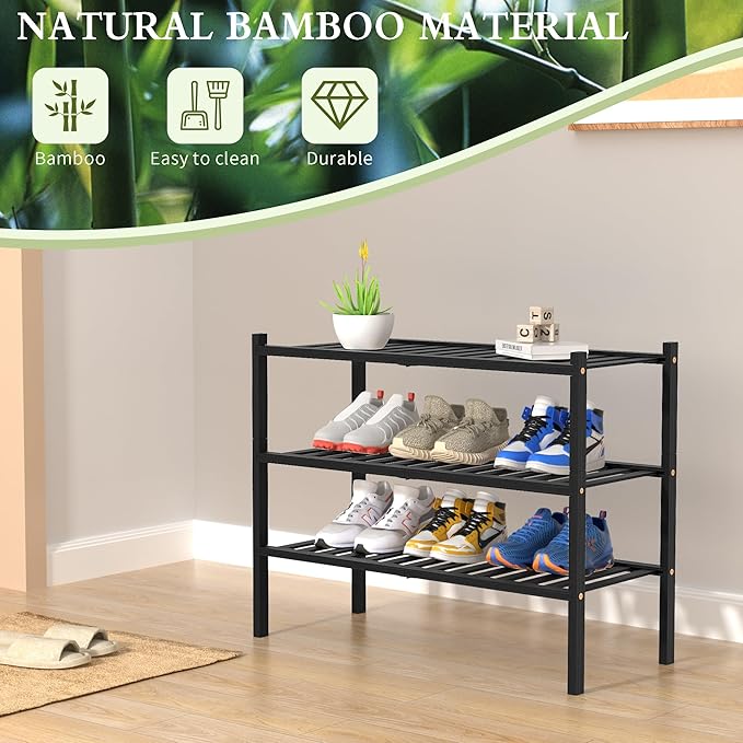 ROMGUAR CRAFT 3 Tier Bamboo Shoe Rack for Closet Free Standing Wood Shoe Shelf Storage Organizer for Entryway Small Space Stackable 27"x11"x20" (Black)