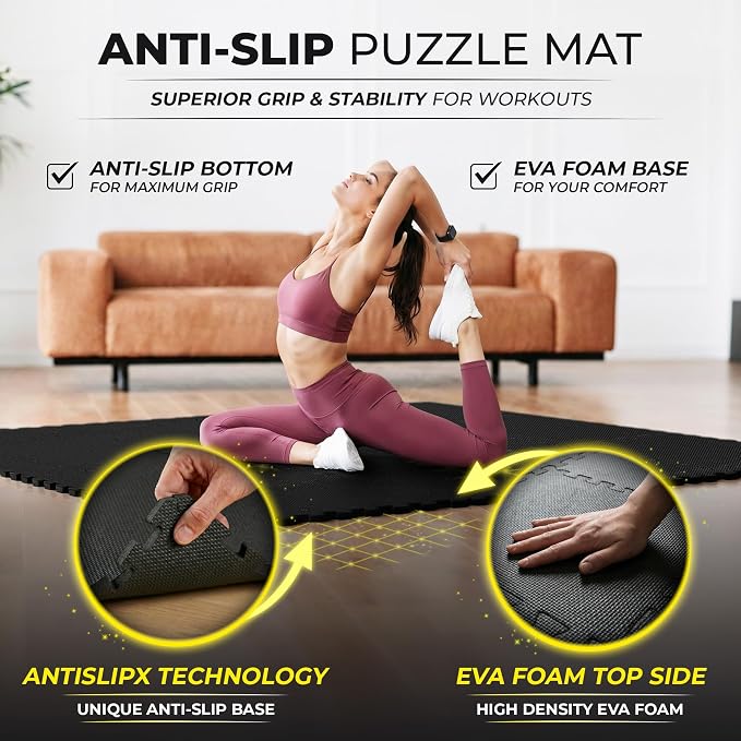 bemaxx Gym Mats Set - 18 pcs EVA Interlocking Foam Floor Tiles (12.6"x12.6"x0.4") 18sqft Protective Gym Flooring Sports Home Workout Exercise Mats Puzzle Garage Fitness Play-Room Pool Treadmill Bike
