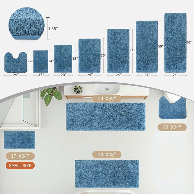 Disolla Blue Bathrom Runner Rug 24x70 - Extra Large Soft Plush Bath Mat, Thick Long Non-Slip Shaggy Floor Mat, Ultra-Absorbent for Master Bathroom Vanity