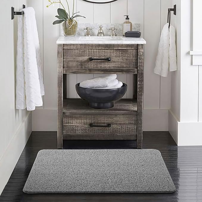 Asvin Soft Textured Bath, Shower, Tub Mat, 24x16 Inch Rectangular, Phthalate Free, Non Slip Comfort Bathtub Mats with Drain, PVC Loofah Bathroom Mat for Wet Areas, Quick Drying, Grey