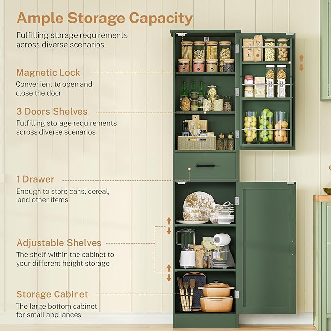 TEENFON Kitchen Pantry Cabinet with 3 Door Shelves & 1 Drawer, Narrow Bathroom Cabinet with Adjustable Shelves, Tall Storage Cabinet for Living Room, Bathroom, Entryway, Green