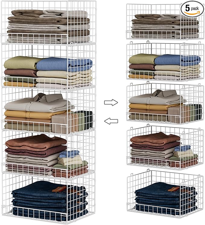 Yociyoga 5-Tier Stackable Closet Organizers and Storage Basket - Foldable Closet Shelf Organizer System, Space-Saving Clothes Storage Bins Drawer Organizer for Wardrobe, White (Patent 30022416)