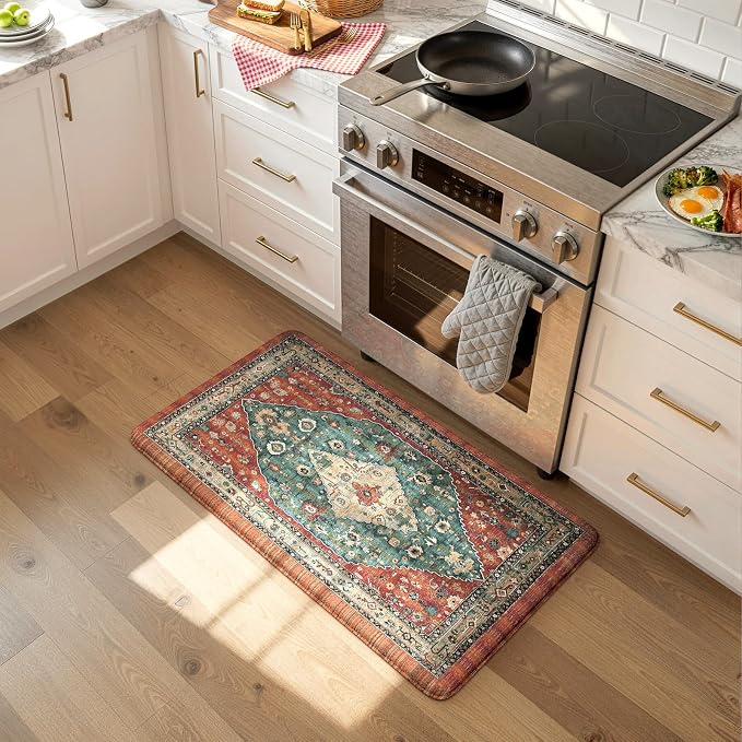 Collive Boho Kitchen Mats Cushioned Anti Fatigue Mats, Non-Slip Kitchen Floor Mats, Standing Kitchen Mats for Office, Sink, Laundry, 17”x30” Red Waterproof Kitchen Rug