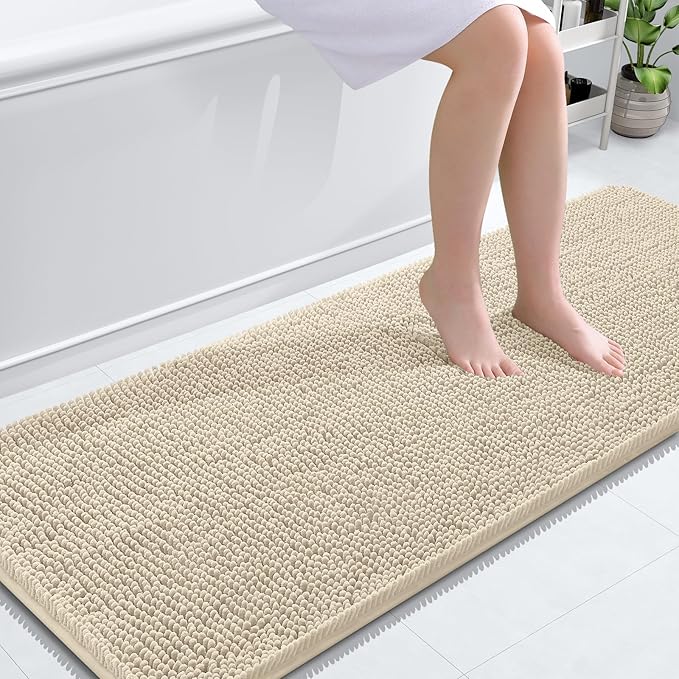 OLANLY Bathroom Runner Rugs 59x24, Extra Soft Absorbent Chenille Bath Rugs, Rubber Backing Quick Dry, Machine Washable Long Bath Mats for Bathroom Floor, Tub and Shower, Home Decor Accessories, Sand