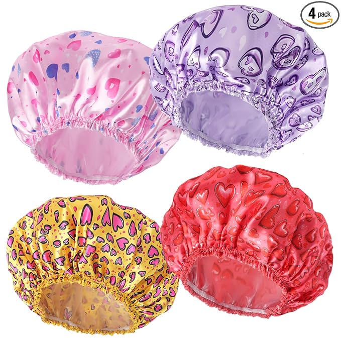 4 PCS Shower Cap for Women, Elastic and Reusable Bath Caps, Double Layers Shower Caps Reusable Waterproof, Bathing Shower Caps, Environmental Bath Hair Protection Cap - Heart