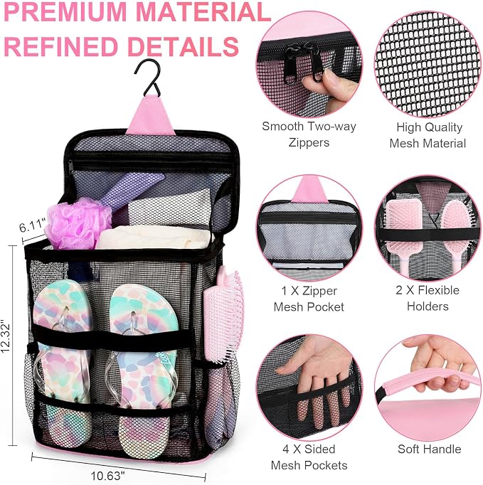 Mesh Shower Caddy,Portable Hanging Travel Toiletry Bag Dorm Room Essentials for College Students Girls,Large Makeup Organizer for Full-Sized Toiletries,Travel Essentials for Women Girls Camping Beach