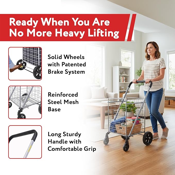 dbest Products Cruiser Cart Deluxe 2 - Foldable Shopping Cart with Wheels & Brake System - Heavy Duty Collapsible Utility Cart for Groceries & Laundry - Holds 100 lbs - Silver, Alloy Steel