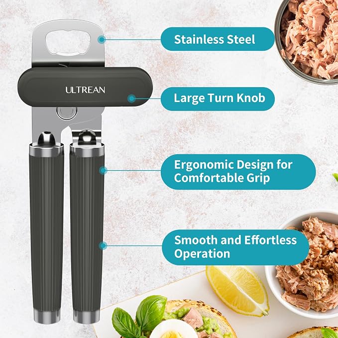 Ultrean Manual Can Opener Bottle Opener, Heavy Duty Stainless Steel Smooth Edge Manual Hand Held Can Opener With Soft Touch Handle, Rust Proof Oversized Handheld Easy Turn Knob (Gray)