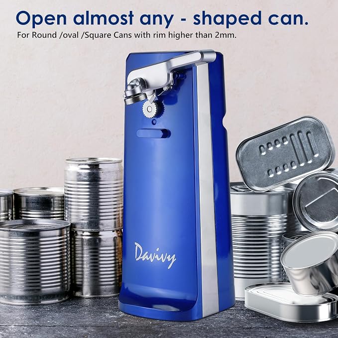 Davivy Electric Can Opener, One Touch Lid Opener, Removable Stainless Steel Cutter and 3-in-1 Design, with Sharpener and Bottle Opener (Blue-ABS)