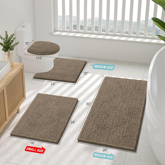 Smiry Luxury Chenille Bathroom Rugs 45x27, Extra Soft and Absorbent Shaggy Bath Mat, Machine Washable, Non-Slip Plush Carpet Runner for Tub, Shower, and Floor, Home Decor Accessories, Camel