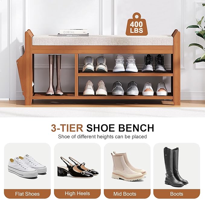 PETKABOO 39.4" Shoe Bench with Coat Rack Hidden Drawer and Side Holder, 2 Tier Entryway Bench with Storage, Bamboo Shoe Rack with Cushion for Entryway Hallway Living Room Bedroom