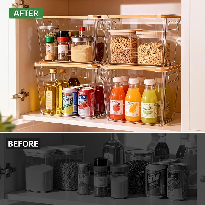 2 Pack Clear Storage Bins with Bamboo Lid, Garbage Bag Dispenser, Pantry Organizers and Storage for Onion Potato, Under Sink Organizer for Kitchen Laundry Room