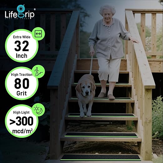 LifeGrip Anti Slip Traction Treads 15 Pack, 6"x32" Glow in Dark Stripe, Outdoor Grip Tape Grit Non Slip, Outdoor Non Skid Tape, High Traction Friction Abrasive Adhesive for Stairs Step