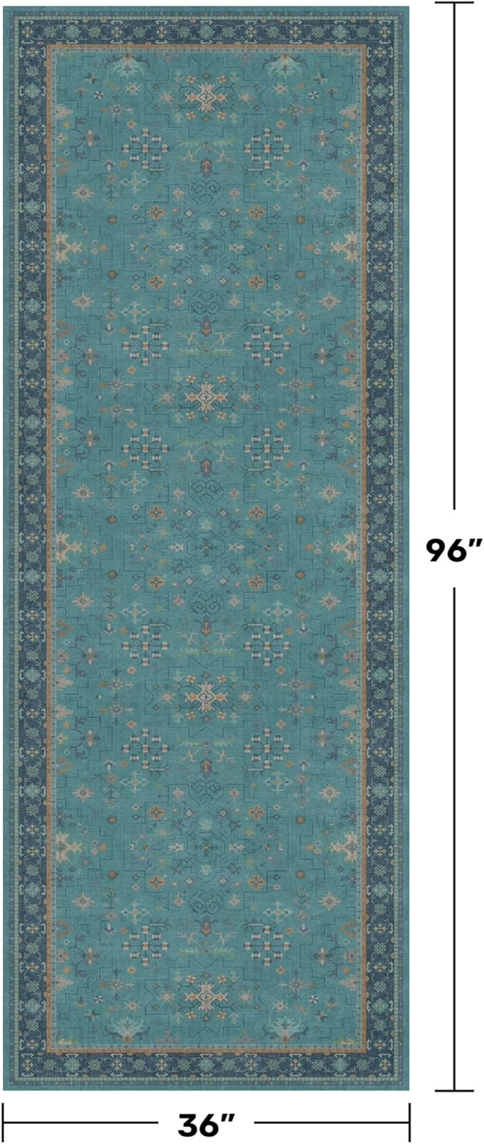 Washable 3x8 Throw Rug for Hallway - Teal Green Rugs for Entryway Indoor, Bedroom Bedside, Mudroom, Boho Eclectic Modern Décor, Non Slip Low Pile Fade Resistant