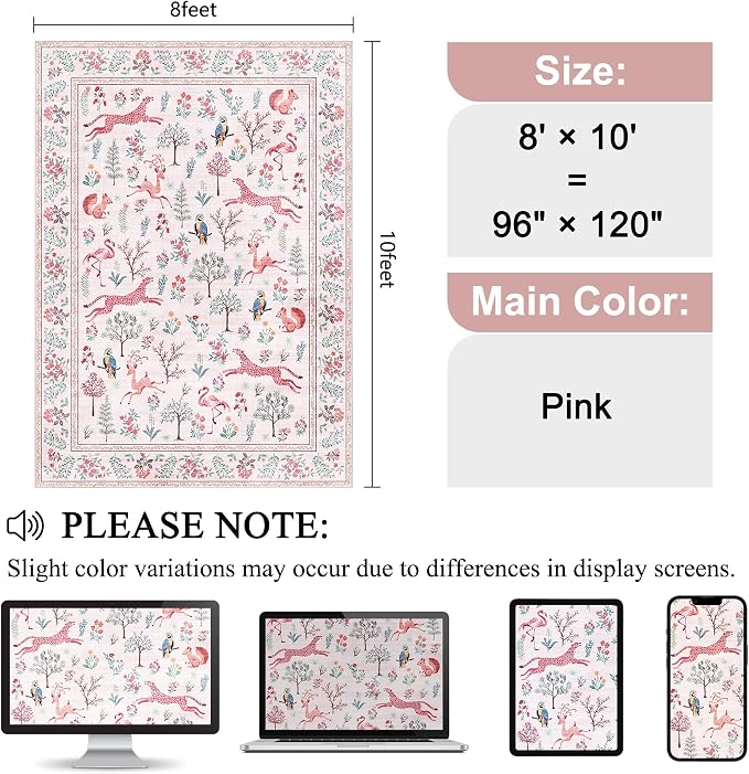 DUKINO 8x10 Rug, Washable Animal Living Room Rug with Non Slip Vintage Design, Soft Low Pile Large Carpet for Bedroom, Nursery, Dining Room, Farmhouse, Playroom, Pink