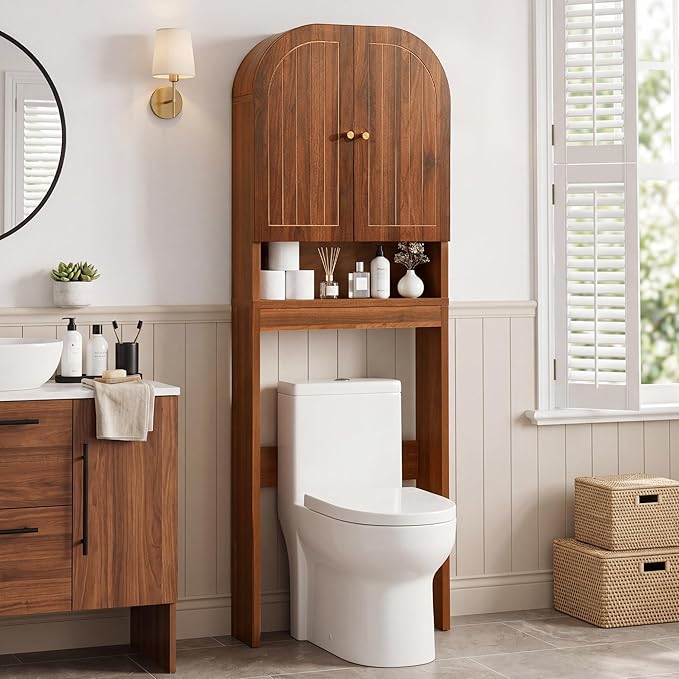 Over the Toilet Storage Cabinet, 70" Tall Bathroom Space Saver with Fluted Grooved Doors, Freestanding Over Toilet Organizer with Adjustable Shelves & Soft-Close Hinges for Small Bathrooms (Walnut)
