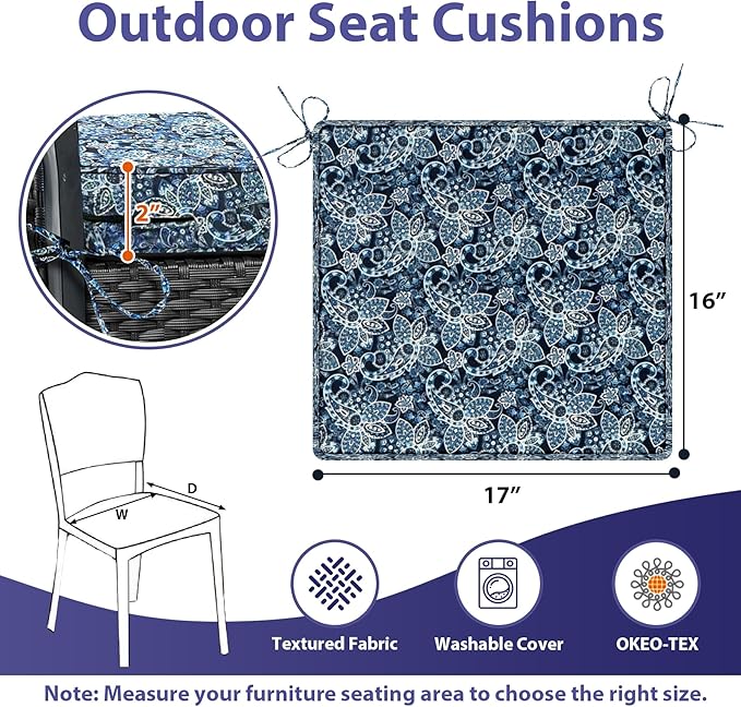 IPYNBAP Outdoor Chair Cushions Set of 4 -Waterproof Outdoor Seat Cushions for Patio Furniture, Patio Chair Cushion with Handle and Ties, Out Door Chair Pads,17x16x2-Square, Green Paisley