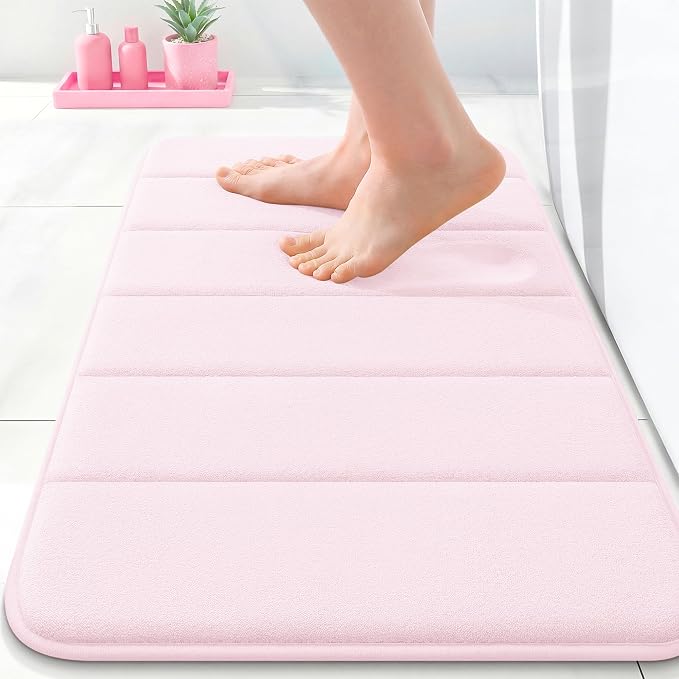 OLANLY Memory Foam Bath Mat 24x16, Super Soft Absorbent Bathroom Rugs, Quick Dry, Machine Washable Shower Floor Rugs, Bathmat Carpet, Bathroom Decor Accessories, Pink