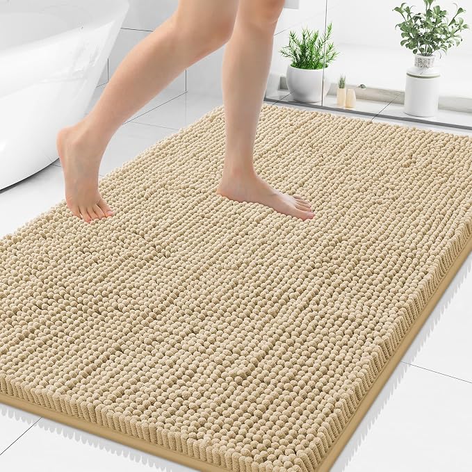 Smiry Luxury Chenille Bathroom Rugs 40x32, Extra Soft and Absorbent Shaggy Bath Mat, Machine Washable, Non-Slip Plush Carpet Runner for Tub, Shower, and Floor, Home Decor Accessories, Beige