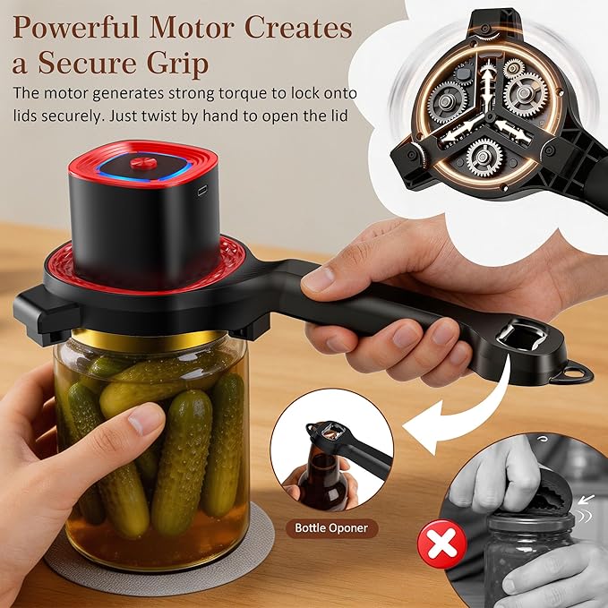 Electric Jar Opener for Seniors with Auto-Adjusting Gripper, Rechargeable Jar & Bottle Openers for Weak Hands and Arthritis, Easy Twist Off Lid Opener with Rubber Gripper Pad, Fits 1"-3.5" Lids(Red)