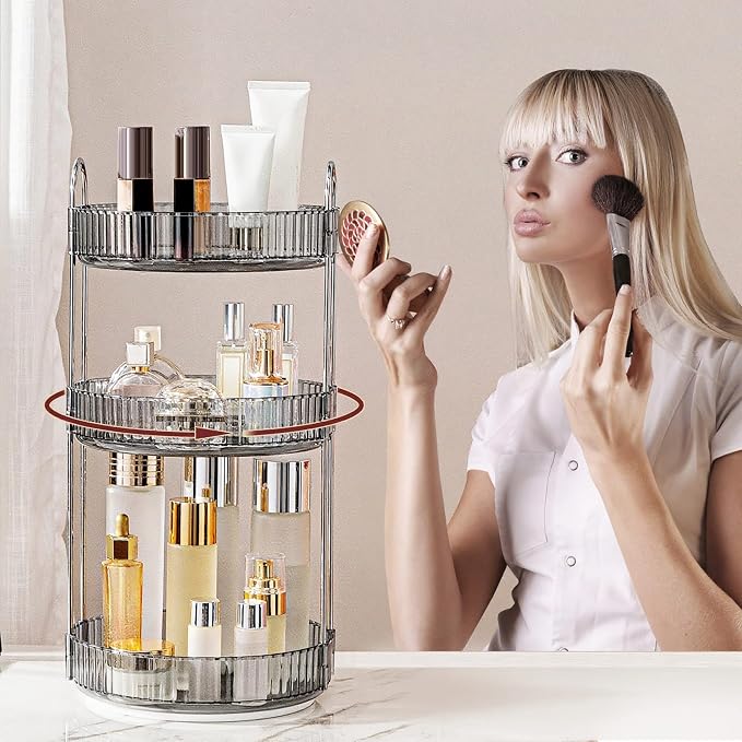 INVSSENE 360° Rotating Makeup Organizer, Bathroom Make Up Spinning Holder Rack, Large Capacity Cosmetics Storage Vanity Shelf Countertop, Fits Cosmetics, Perfume, Skincare, Lipsticks(3 Tiers, Gray)